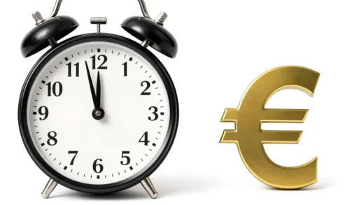 A visual representation of high debt numbers, possibly with a ticking clock or a shaking Euro symbol, highlighting the fragility of the situation in France.