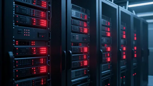 A futuristic server room experiencing a heatwave, with visible heat shimmering, and critical systems blinking red. Emphasize the urgency and the breakdown. Focus on technology and infrastructure.