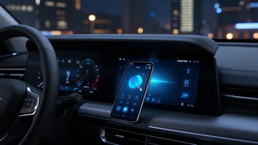A futuristic car dashboard merging with a smartphone interface, with a subtle Samsung logo, against a backdrop of city lights. The scene should evoke innovation and connectivity.