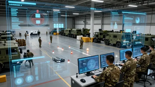 A modern military logistics hub with AI interfaces and data visualizations overlayed, showing efficient supply chain management. Soldiers are interacting with digital dashboards. In the background, there are various military vehicles and supplies. The overall atmosphere is futuristic and highly organized. Focus on data flow and intelligent systems.