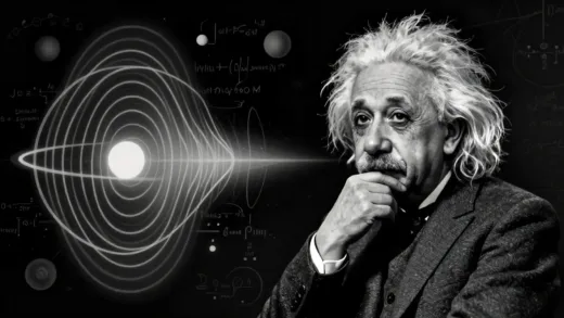 A stylized image of Albert Einstein in a contemplative pose, with abstract representations of spacetime curvature and gravity, highlighting his intellectual genius and the groundbreaking nature of his theories. The background features subtle scientific equations and celestial bodies.