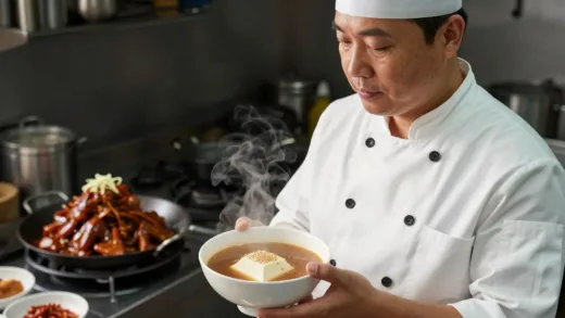 A chef, known for braised dishes, stands in a kitchen, holding a bowl of steaming, simple soup with sesame tofu, looking reflective and at peace. There's a subtle contrast between traditional Korean braised dishes in the background and his humble soup.