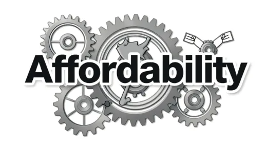 A stylized graphic representing a single word "Affordability" unlocking a complex US economy, with gears and interconnected elements.
