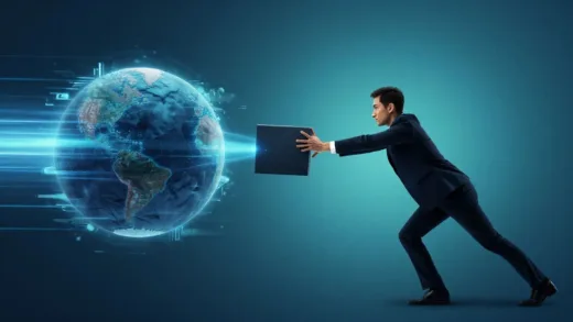 A conceptual image showing a person pushing an object, but the object is accelerating towards the person, with a futuristic, slightly surreal background illustrating negative mass.