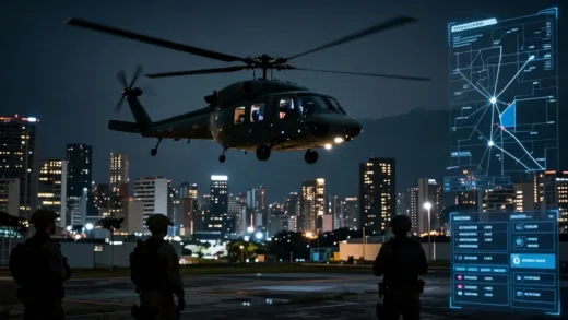 A dramatic night scene in Caracas, Venezuela with special forces helicopters flying over the city skyline, digital AI planning interface overlay showing tactical routes and timelines, tension-filled atmosphere with dim city lights and military presence