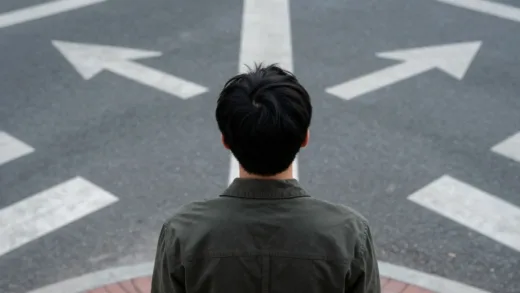 A person looking thoughtfully at a crossroads, symbolizing life's unpredictable moments and decisions. The scene should convey a sense of calm readiness rather than fear.