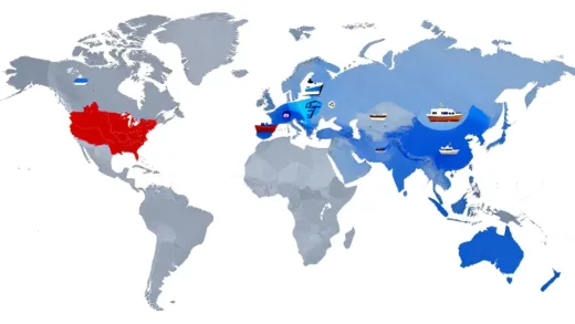 Global map highlighting shipbuilding dominance shifting from a red-colored China to a blue-colored South Korea, with ship icons and arrows indicating change, futuristic and dynamic style.