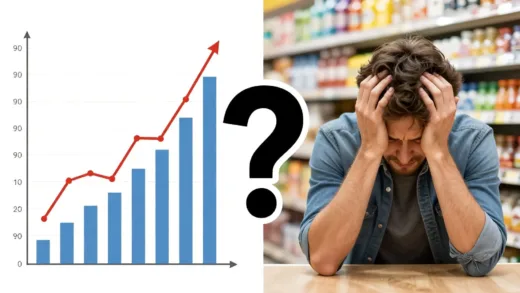 A divided image showing a booming stock market graph on one side and a person struggling with high grocery prices on the other, with a question mark in the middle.