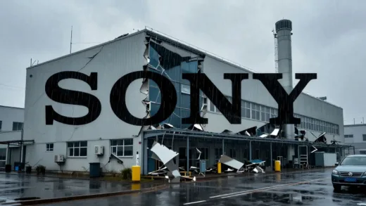 A dramatic image of a crumbling electronics factory with "SONY" logo partially obscured, rain falling, symbolizing a company in decline.