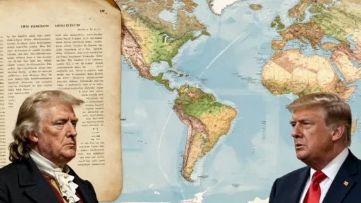 An intriguing image showing historical documents juxtaposed with modern political figures, hinting at a revival of past doctrines in a contemporary global setting, with a focus on a map of the Americas.