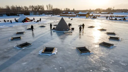 A deserted winter festival site with melting ice and empty fishing holes, warm winter sunlight casting long shadows, symbolic of climate change impact on traditional activities, photorealistic style with melancholic atmosphere