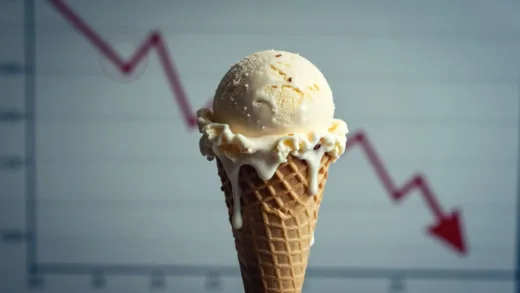 A dramatic image showing a melting scoop of Baskin Robbins ice cream on a cone, with a background hinting at economic downturn or a challenging market, perhaps with blurred graphs declining. The atmosphere should be slightly melancholic but intriguing.