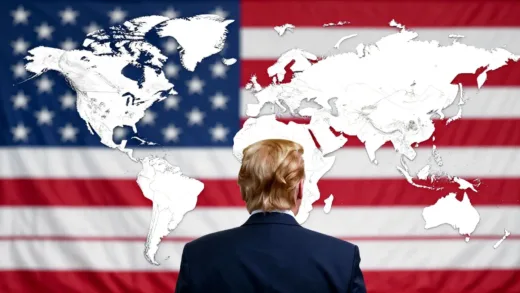 A powerful image of a unified front against drug trafficking, with the American flag subtly in the background, symbolizing national security and resolve. The foreground shows a determined leader figure, not necessarily Trump, facing a complex global map where drug routes are faintly visible, conveying the serious and widespread nature of the drug problem.
