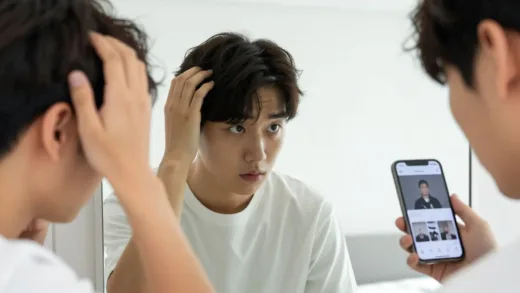 A young Korean man in his 20s looking anxiously at his reflection in a mirror, holding his thinning hair, with smartphone showing social media apps in the background, modern apartment setting, natural lighting, concerned expression