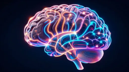 A futuristic AI brain with glowing neural networks, representing advanced artificial intelligence technology, digital art style, vibrant colors, abstract visualization