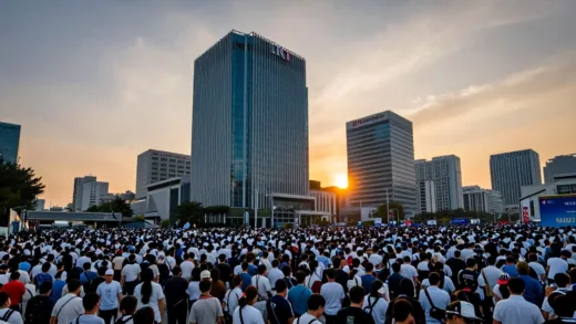 A dramatic visual of a massive crowd moving from one large building labeled 'KT' to other buildings labeled 'SK Telecom' and 'LG U+', symbolizing mass customer migration in telecom market at sunset