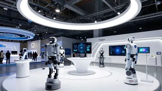 A futuristic CES 2026 exhibition hall with advanced robots and AI systems displayed, showcasing cutting-edge physical AI technology in an industrial setting with bright lights and modern architecture