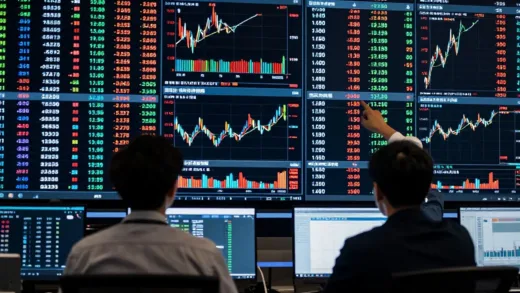 Wealthy investors analyzing stock market charts, a diverse portfolio displayed on a digital screen, with a focus on Korean stock market symbols and AI-related graphs. Dynamic, modern, high-tech imagery.