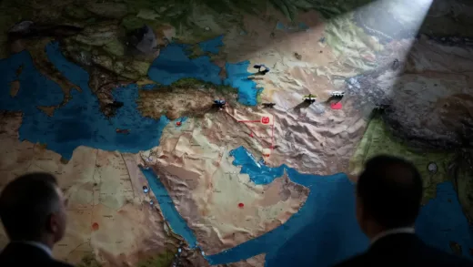 A dramatic, high-tension scene showing a map of the Middle East, with a spotlight on Iran, and subtle visual cues of military power, diplomacy, and communication technology converging. The atmosphere should convey global attention and anticipation.