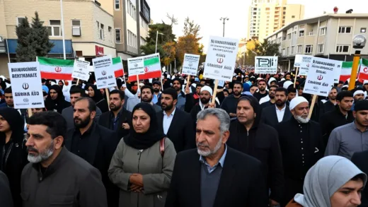 A large crowd of protesters in a city square in Iran, with banners and signs, demonstrating against economic hardship and the theocratic regime. The atmosphere is tense but determined, with a mix of men and women of various ages.
