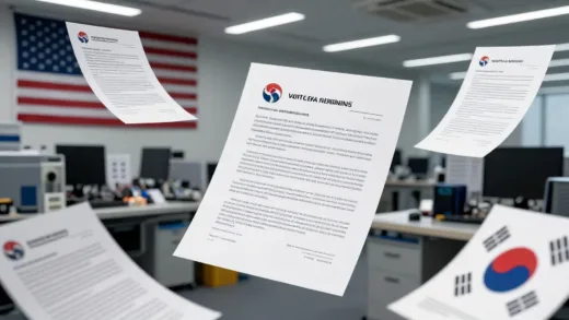 A dramatic scene showing an American semiconductor equipment company sending legal warning letters to small Korean tech companies, with legal documents flying between the United States and South Korea, representing aggressive patent litigation tactics