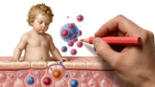 A Renaissance artist's hand holding a red chalk, with microscopic skin cells floating onto a drawing of a holy child, digital illustration, scientific art, detailed close-up