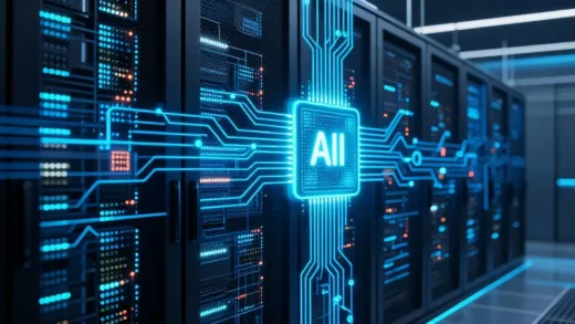 A futuristic data center with glowing AI circuits and memory chip visualizations, showing the transition from smartphone era to AI infrastructure era, digital technology concept