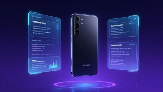 A futuristic smartphone with Samsung Galaxy branding floating in a digital space with holographic specifications displayed around it, concept art style, cyberpunk aesthetics, blue and purple neon lighting
