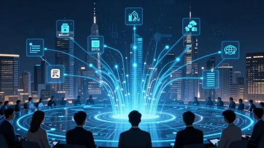 A futuristic city skyline with data flowing between interconnected buildings, representing big data, big models, and big computing forming a network, with leaders looking at a complex but clear roadmap.