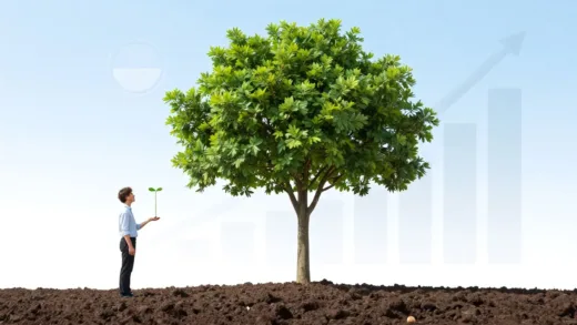 A person looking at a small seed growing into a large tree, symbolizing incremental growth of wealth, with a clear, encouraging tone. In the background, a subtle graph showing exponential growth.