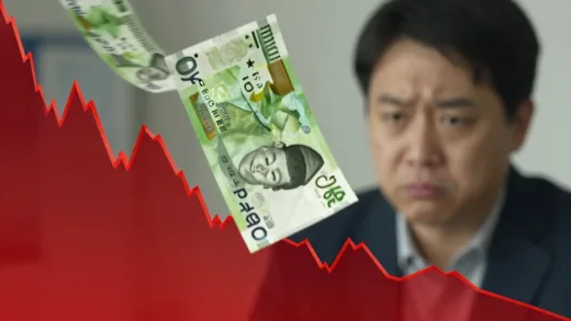 A dramatic image showing the Korean Won currency symbol rapidly falling on a red financial chart, with a worried expression on a person's face in the background.