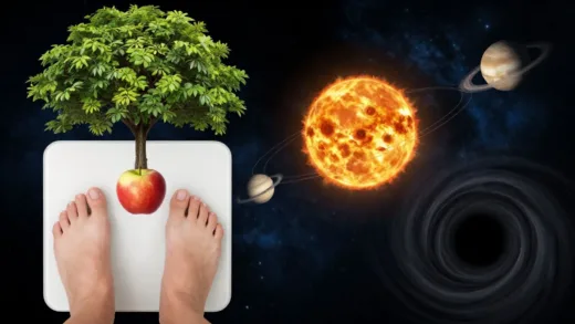 A composite image showing a person on a bathroom scale, an apple falling from a tree, planets orbiting the sun, and a swirling black hole, all subtly blending into a cosmic background, conveying the ubiquitous nature of gravity from daily life to the farthest reaches of space.