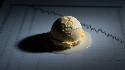 A melancholic yet intriguing image of a Baskin Robbins ice cream scoop, partially melted, casting a long shadow, with a faint background of a financial report showing downward trends. The lighting is dim but highlights the ice cream, suggesting a 'sweet truth' gone sour.