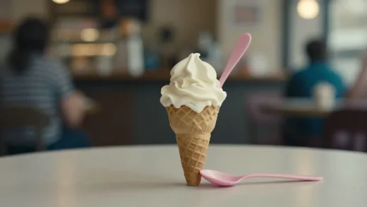 A melancholic ice cream cone with a pink spoon, sitting alone on a table, symbolizing a once-popular brand now facing challenges. The background is slightly blurred, hinting at a bustling but now distant past.