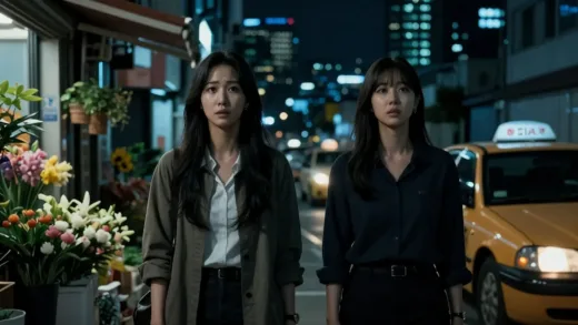 A suspenseful image of two determined women, Miseon and Dokgyeong, standing on a dimly lit street at night, looking at a city skyline with a mix of despair and resolve. One is a florist, the other an illegal taxi driver. The atmosphere is tense.