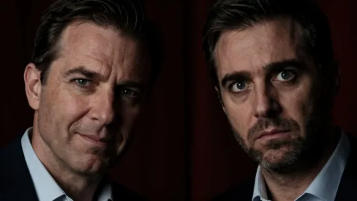 A dramatic close-up of two men, one assertive with a subtle smirk, and the other with wide eyes, realizing a grim truth. The background is dimly lit, suggesting a tense, high-stakes negotiation. Dark, serious tones with a hint of red for danger.