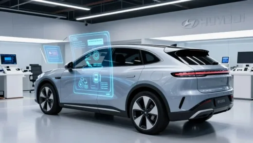 A futuristic autonomous driving technology concept with holographic displays and AI systems in a modern automotive research facility, Hyundai logo visible in the background