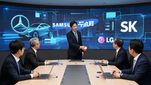 A futuristic meeting room with Mercedes-Benz and Korean tech company logos (Samsung, LG, SK) displayed on holographic screens, executives from both sides shaking hands over a table with electric vehicle and semiconductor components