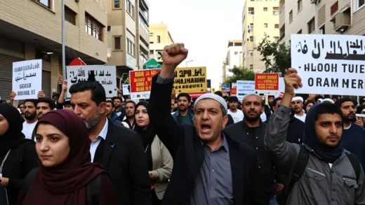A powerful image of mass protests in a Middle Eastern city with a distinct Iranian style, featuring both men and women, some holding signs, with a sense of urgency and determination. The atmosphere should be tense but hopeful, showing a blend of traditional and modern elements.