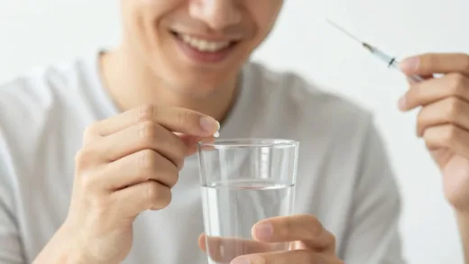 A person happily taking a small pill with a glass of water, while a blurred background shows a needle being put away. Focus on convenience and relief. Bright and hopeful atmosphere.
