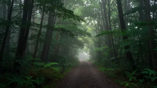 A mysterious, foggy path leading into a vibrant, unknown forest at dawn, with a subtle glow hinting at adventure.