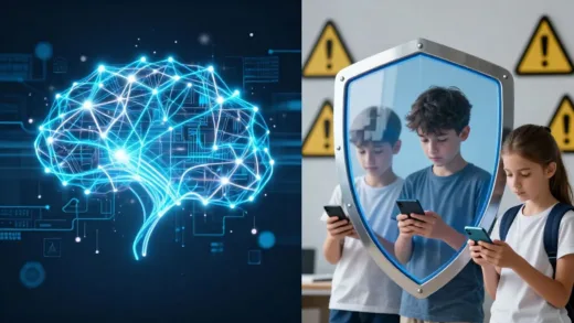 A conceptual image showing the contrast between AI technology advancement and digital ethics. On one side, glowing neural networks and AI algorithms, on the other side, a protective shield around teenagers using smartphones, with deepfake warning symbols in the background.