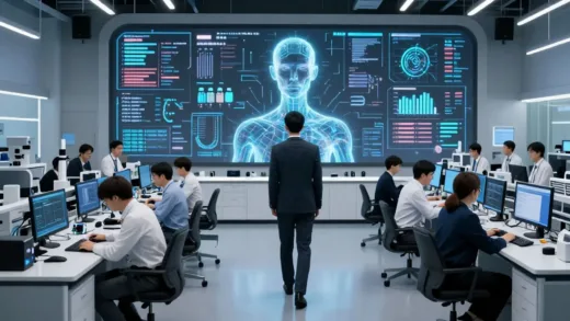 A futuristic Korean AI research lab with multiple teams competing in a high-tech environment, showing three successful teams advancing to the next stage while one team steps back, with holographic AI models and data visualization in the background.