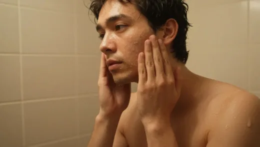 A person standing in a steamy bathroom, looking at their dry skin with a thoughtful expression. Warm, soft lighting. Focus on the feeling of dryness and neglect of body skin.