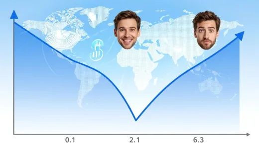 A dynamic graph showing stock market trends with an upward curve in the first half, a dip in the third quarter, and another rise in the fourth quarter. In the background, there are abstract representations of global economies and financial symbols, with two distinct faces superimposed on the market curve, one smiling and one cautious. The overall image should convey both opportunity and risk.