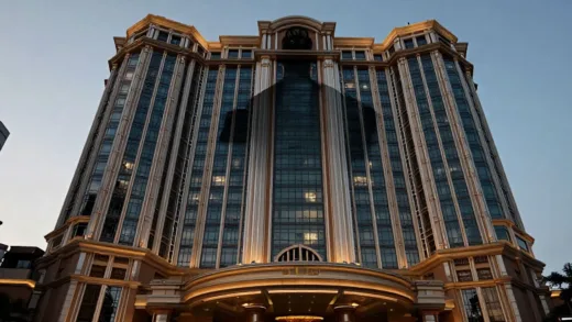 A grand, modern building in Southeast Asia, possibly a casino or bank, at dusk, with a luxurious and imposing facade. Subtle, dark shadows creep around its edges, hinting at a hidden, sinister side. Overlayed faintly is a shadowy, powerful silhouette of a man, embodying a dual nature of respectability and menace. High contrast, cinematic lighting, ultra-realistic.