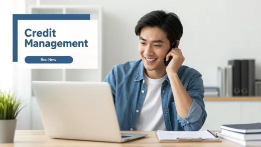 A small business owner sitting at a desk with a laptop, looking at an online education course about credit management, with a hopeful expression on their face. The scene shows determination and opportunity for financial growth.