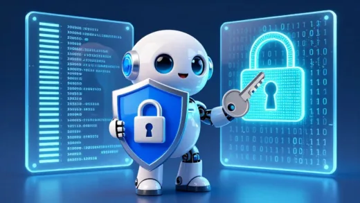 A conceptual digital illustration showing a friendly AI robot holding a shield with a padlock symbol (representing data privacy), standing in front of a large, transparent database filled with glowing transaction records. A lock icon is shown being opened by a key made of binary code.
