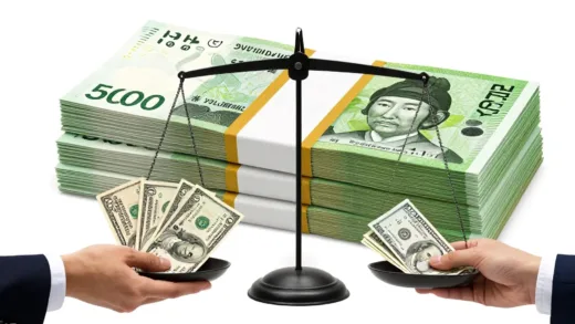 A financial scale balancing Korean Won and US Dollar, with a large stack of money representing 510 trillion KRW in the background. In the foreground, hands are exchanging currency, conveying economic pressure and high stakes.