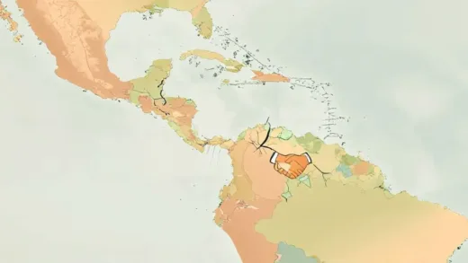 Historical map showing Venezuela and the US, with a handshake icon, then a subtle crack appearing on the map, symbolizing early friendly relations turning complex. Warm, inviting colors turning slightly muted.